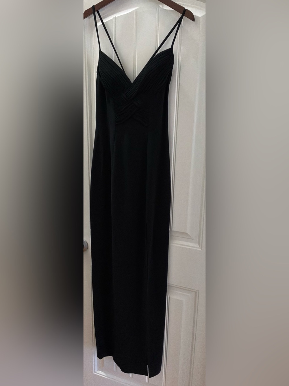 Black Spaghetti-Strap Prom Dress with Pleated Bodice